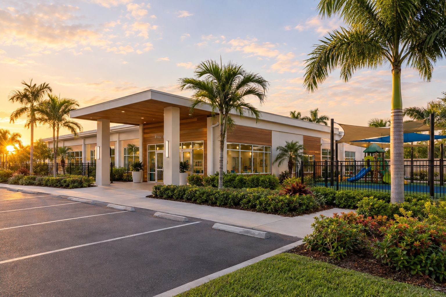 Single-story childcare center with a covered entry and fenced playground at sunset