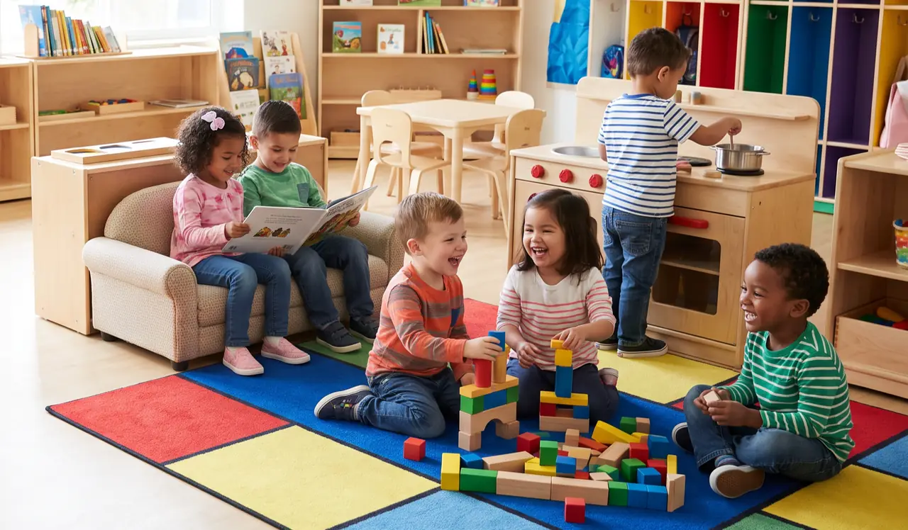 A diverse group of preschool children happily playing, reading, building blocks, and creating together in a bright, colorful, well-organized early learning classroom.